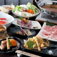 お刺身・天ぷら・煮物・ミニサラダ・みそ汁・お新香・小鉢付