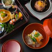 前菜／吸物／造り／煮物／焼物／蒸物／御飯／留椀／香物／水菓子