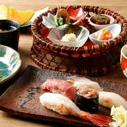 北海道を堪能できる、ご会食やご接待にも最適なコースです。
・花籠前菜盛り合わせ
・いかそうめん
・季節の小鉢
・おすすめ5貫
・止椀
・デザート