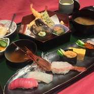 上ネタにぎり5貫・天麩羅盛り合わせ・茶碗蒸し・小鉢・お新香・みそ椀・デザート