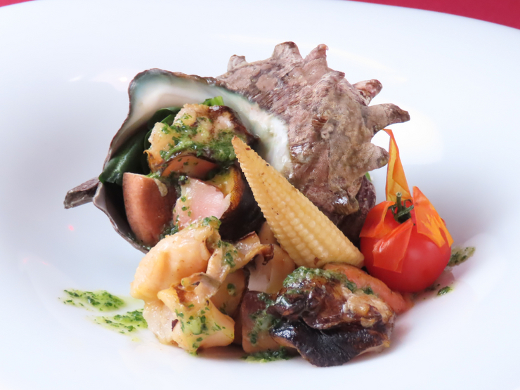 March's recommended steak course: "Nagasaki Turban Shell Burgundy Style"
