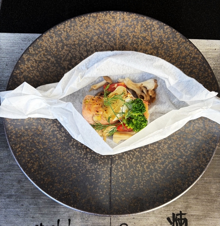 October's recommended steak course: "Hokkaido-sourced autumn salmon and mushroom papillote"