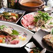 すっぽん、虎ふぐ、黒毛和牛すき焼き、
黒薩摩地鶏水炊き(白濁スープ)
天然あら、もつ鍋、鮟鱇鍋(肝スープ)