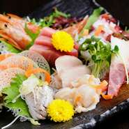 マグロやホタテ、エビなど、その日仕入れた新鮮な魚介類をバランスよく盛り付けます。
