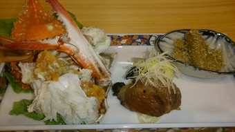 渡り蟹と猪の味噌漬けと叩き牛蒡