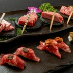 肉寿司3種、非常に希少な黒毛和牛の極上塩タン、「肉宝 平井牛」の極上肉を6種など大満足のコース