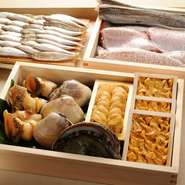 魚介は毎朝、全国から選りすぐりのものをさらに吟味。たとえば対馬産ぐじ（甘鯛）は、大自然の海で育ち脂玉を抱えた味わい深さが特徴です。京野菜や米は「生産者の顔が見える」契約農家から仕入れています。