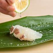 明石産の鯛は、旨みも香りも強いのが特徴。白身のおいしさを際立たせるため、赤シャリをベースにマイルドに仕上げるよう、工夫を凝らしています。