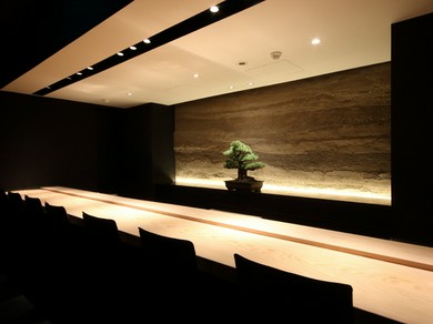 白木のカウンター席に盆栽が飾られた、シンプルでオシャレな空間