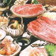 近江牛陶板焼き・刺身・焼き野菜・季節の煮物・和え物・炊き込みご飯・季節の土瓶蒸し・デザート
