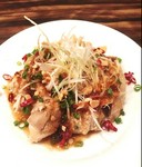 肉厚な鶏肉とスパイシーなソース。
白髪ネギと一緒に食べてください。
口の中に旨さが広がります！