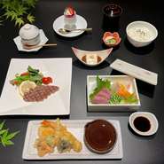＊和牛ミニステーキ　
＊お造り　
＊天婦羅　
＊有田ごどうふ
＊茶碗蒸し　
＊ご飯　
＊椀物　