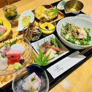 夏限定ランチメニュー、お造り、前菜盛り、油物、西京焼き、冷やし鉢、冷やし出汁茶漬け、デザート等
※ご注文は人数名様分でのご用意になります。