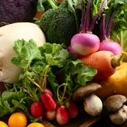 鮮度にこだわった野菜は、泉州（大阪府南部）の契約農家から、無農薬野菜を直接仕入れています。力強い大地の息吹を取り込んだ野菜は、味も濃くうまさが違います。