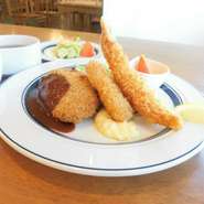 メンチカツ・海老フライ・カニクリームコロッケ（キャベツのマリネ・スープ・ライス付）