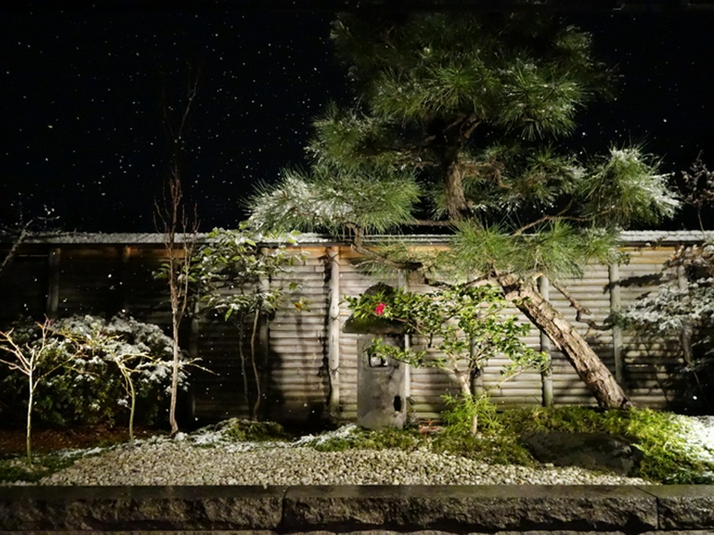 窓の外に広がる和風の庭園。ゆったりくつろげる空間で
