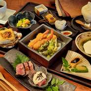 高知野菜と海老のあげだし豆腐
生麩田楽
四万十ポーク冷しゃぶ 豆乳ドレッシング
季節の和物
季節の豆腐
鮪山かけ
ローストビーフ
季節の御飯
呉豆腐
おからサラダ
くみあげ湯葉
デザート
飲物(珈琲or紅茶)※昼のみ