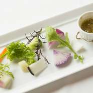 伝統料理とともにシェフがこだわっているのが、食材への探究心。たとえば野菜は、埼玉県狭山の増田農園を中心に、季節により鎌倉野菜や北海道のヤブタファームから直送された味に個性のある野菜を使用しています。