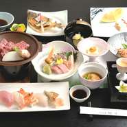 先付、八寸、お造里、炊合せ、焼物、油物、合肴、酢物、本日の飯物、止椀、水物