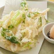新鮮な白エビを三つ葉と一緒に揚げた『白エビかき揚げ』など、地元の有名食材を使った料理も揃います。特にかき揚げは「揚げ加減はここのが最高」だと常連さんにも大好評なのだとか。