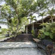 お店を囲むように茂る、南の島ならではの緑の木々。手づくりのテーブルやチェアがゆったりと配置されています。あたたかな風を感じながらお店自慢の料理やドリンクをいただける、とびきりのくつろぎ空間です。