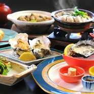 かきの八寸、焼きかき、かきと林檎のグラタン、かきの天ぷら・かきフライ、土手鍋、土鍋かき飯など かなわの名物かき料理を全て堪能できる贅沢なフルコースです。