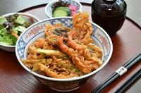 天ぷら8品(車海老2匹・魚2品・他3品・かき揚)・サラダ・赤出汁・お新香