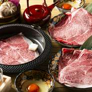 ◎霜降肩ロース・ウデ肉
◎野菜盛り（白菜,春菊,しらたき,豆腐,山えのき,紅芯大根,肉厚椎茸,葱）
◎大分県産のブランド卵『龍の玉子』
◎銀しゃり◎ワカメスープ
◎が全て60分間おかわりできる対象商品です。