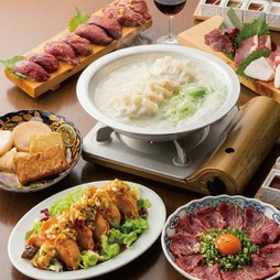 人気メニュー「極上馬刺しユッケ」「ロングユッケ寿司」「肉汁駆け込み餃子」が堪能できるプランです。