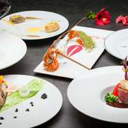 庭園風と名付け、旬の食材、身近な食材を効果的に使用。今回はゴーヤーを使ったゼリー寄せと沖縄の海の幸とハイビスカスドレッシングで、清涼感と沖縄の香りを取り入れたヘルシーな料理に仕上げました。