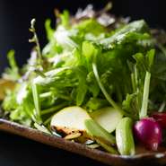 上田市の契約農家から直送される10種類ほどの野菜を盛り込んだサラダです。その日に一番美味しく食べられる状態の野菜を厳選し、自家製ドレッシングに和えて提供。ドレッシングの隠し味が信州の地酒とマッチします。