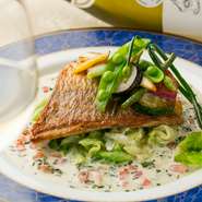 イトヨリは表面がカリッと中はふわっと柔らかく蒸し焼き、たっぷりの季節の野菜を彩りよくのせた一品。白ワインのベルモットを煮詰め、クリームと数種類のハーブで仕上げたほんのり酸味を感じるソースが美味。