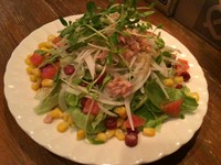 レタス、タマネギ、ツナ、コーン、サラミ、トマトが入った食べごたえがあるサラダ。