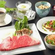 小前菜
本日のスープ
特選A5仙台牛ロース肉のステーキ100ｇ
　※＋￥1,100（税込）で仙台牛フィレ肉80ｇに変更可能です
焼き野菜　ガーリックライス
お味噌汁　香の物　サラダ
デザート　コーヒー又は紅茶
