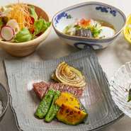 黒毛和牛のステーキコース
☆突き出し
☆サラダ
☆焼野菜
☆黒毛和牛ロース肉120ｇ
☆お食事
　・神戸ライスの白ご飯
　・赤だし
　・香の物
☆アイスクリーム
☆コーヒー又は紅茶