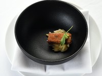 煮こごりしたスッポンにパスタのセモリナ粉をまぶして焼いたもの。安曇野の本わさびを添えて。お米のかたちをしたパスタをすっぽんのスープで茹でたものを付け合せにしています。
