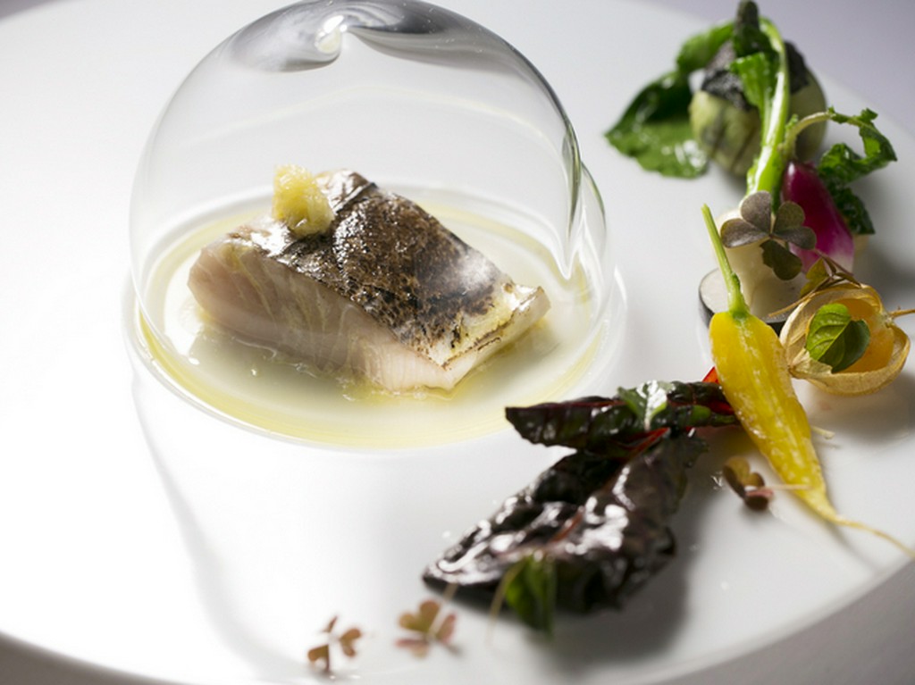 魚料理より『サワラの腹身ミキュイ炙り焼き、塩レモンと冷燻オイル』