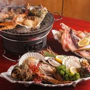 内容を自分流にカスタマイズできる『海賊焼きセット』（一人前）1階は炭火焼き、2階が溶岩焼き
