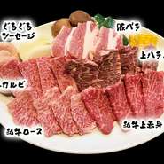 和牛ロース・和牛カルビ・和牛上赤身・
上ハラミ・豚バラ・ぐるぐるソーセージ