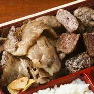 能登牛の切り身50ｇに国産牛のｽﾃｰｷ150ｇ、計200ｇのｽﾍﾟｼｬﾙなお弁当で人気です。