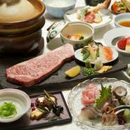 日本に四季があるからこその「春夏秋冬」を感じられるコースです。メイン料理はその日に入荷した鮮魚の刺身とA5ランクの仙台牛のステーキ。心くすぐる品々に、自然と「笑み」がこぼれます。