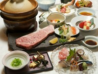 彩りも鮮やかな自慢の新鮮旬魚「お刺身」と高級銘柄「仙台牛の炭火ステーキ」がメインのお料理コースです。