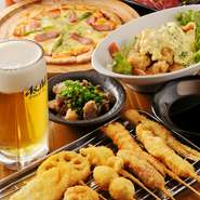 串揚げ&一品料理が食べ放題、ドリンク飲み放題付きのコースをご用意致しております。多彩な料理とドリンクをご用意しておりますので、夏のお集まり事、女子会など各種ご宴会で是非ご利用下さい。