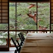 風光明媚な嵐山の景観が目の前に広がり、春は桜、秋は紅葉など四季折々の風情を感じられる好立地。日本有数の観光地にありながら、静けさを楽しめる贅沢な空間となっています。