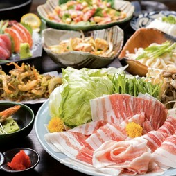 在来豚「あぐー」のしゃぶしゃぶと、えん沖縄自慢の県産食材をふんだんに使ったお料理が楽しめるコースです