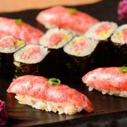 2人前から注文できる牛肉寿司。握りには、サーロインが使われています。