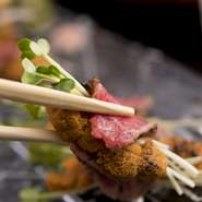 鮮度抜群の和牛とウニを合わせました。食材の甘さをひきたたせることで、素材そのものの味が堪能できます。