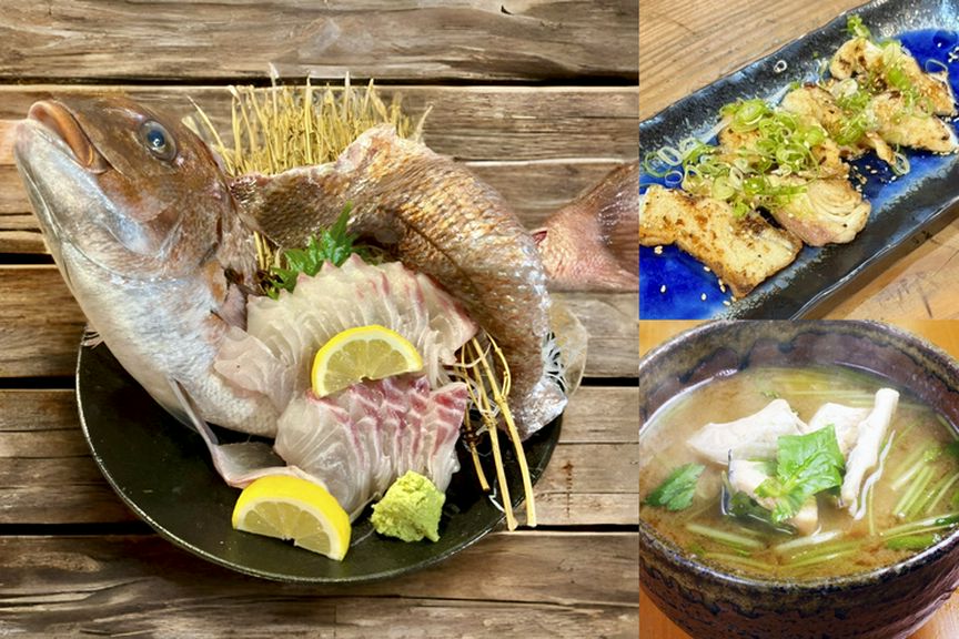 鯛づくし(鯛の活け造り・鯛バター焼き・漁師汁)