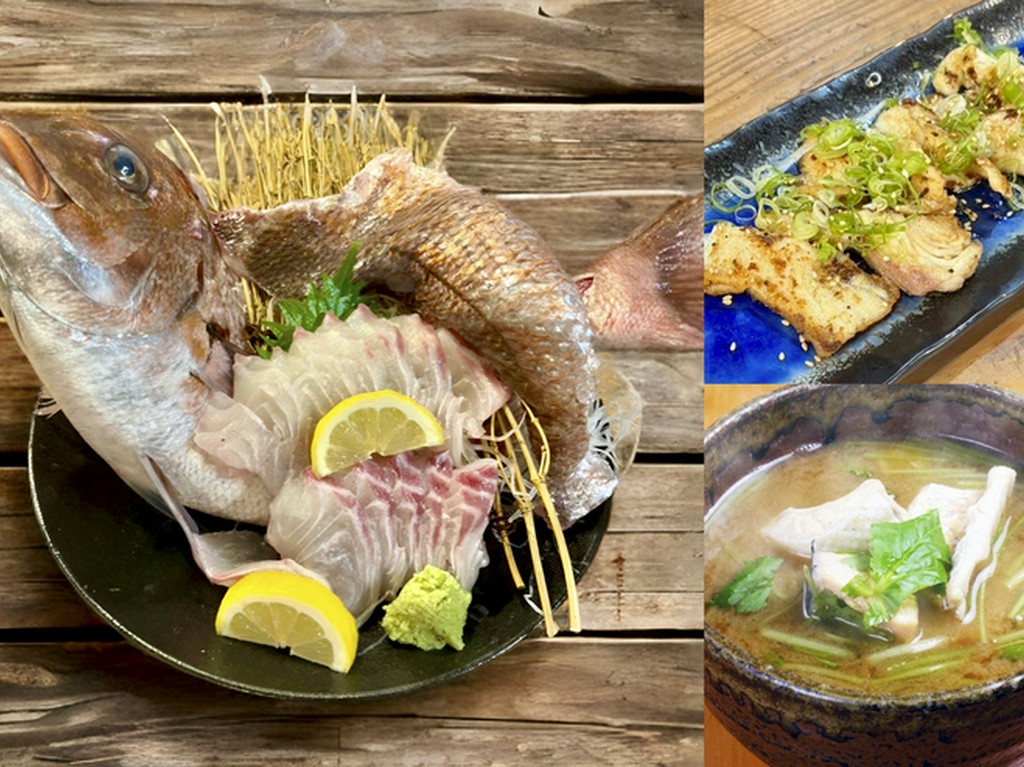 鯛づくし（鯛の活け造り・鯛バター焼き・漁師汁）