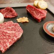 本日の厚切熟成3種
十勝産　和牛ミスジ/十勝産　和牛カイノミ/網走産　和牛ツラミ -和だれと山わさび